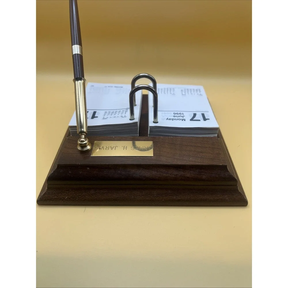 Vintage Perpetual Flip Calendar With Wood Base And Ink Pen